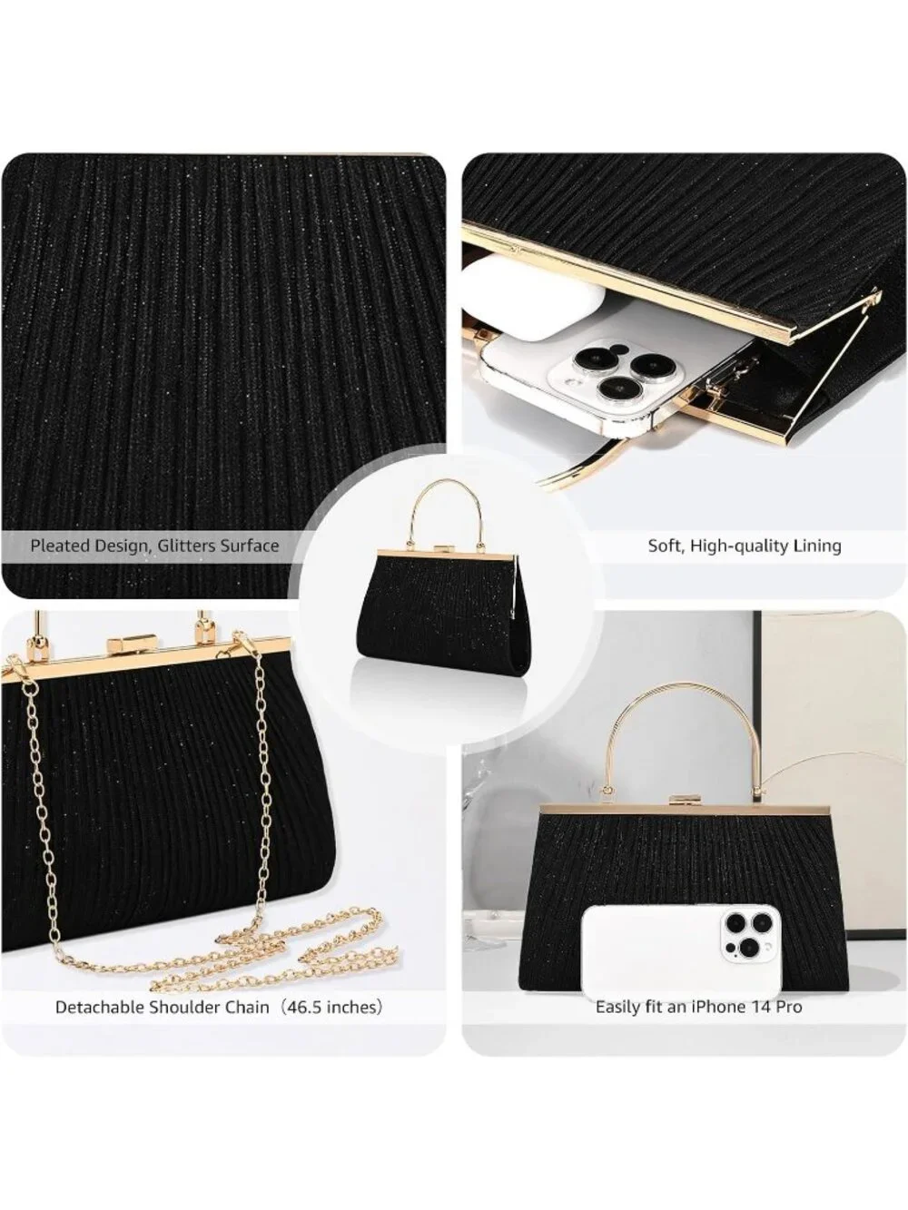 Women's Black F Glitter Pleated Clutch Purse Sparkly Wedding Evening Bag